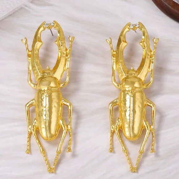 Gold Stag Beetle Crystal Earrings Jumbo Insect Scarab Bug Vtg Style Jewelry NEW - Picture 3 of 10